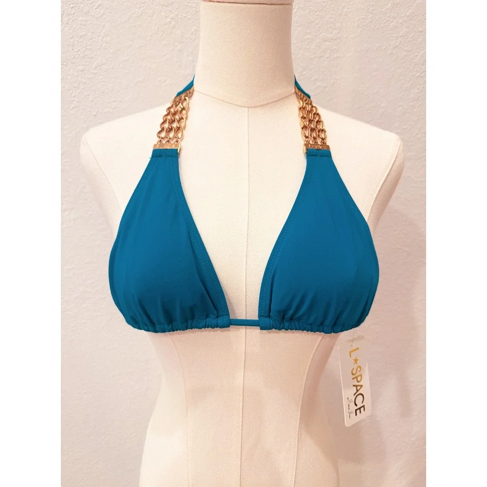 NWT L*SPACE Turquoise Bikini Top Gold Chain Halter Triangle Resortwear Glam Y2K